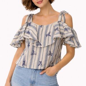 MISA Los Angeles Blue White Embroidered Floral Boho Casual Tank Blouse Tops XS